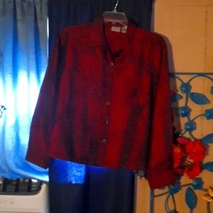 Chicos Size3 Burgandy  and black patterned long sleeve button blouse.